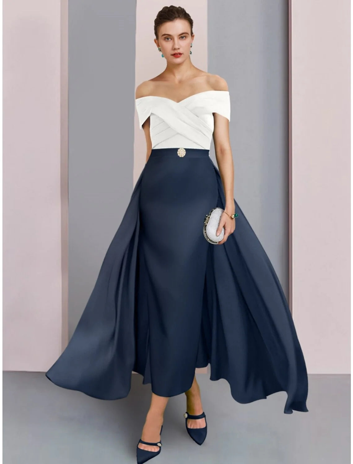 Wholesale A-Line Mother of the Bride Dress Wedding Guest Elegant Off Shoulder Ankle Length Stretch Fabric Short Sleeve with Crystal Brooch Ruching