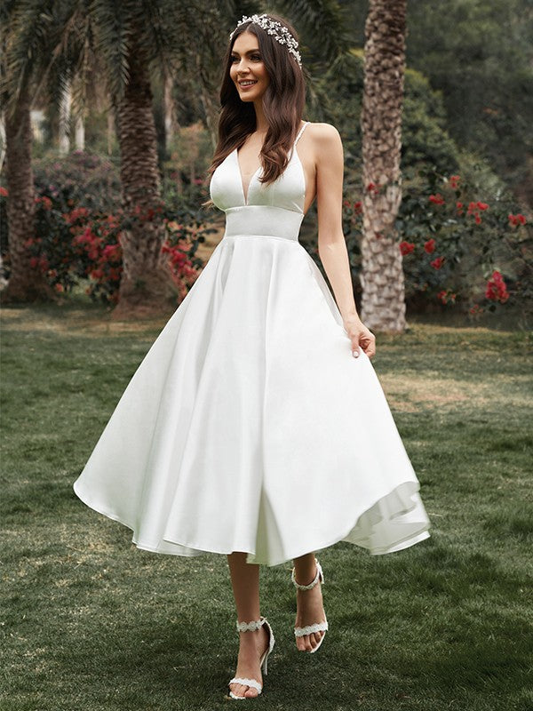 Wholesale A-Line/Princess Ruffles V-neck Sleeveless Satin Tea-Length Wedding Dresses