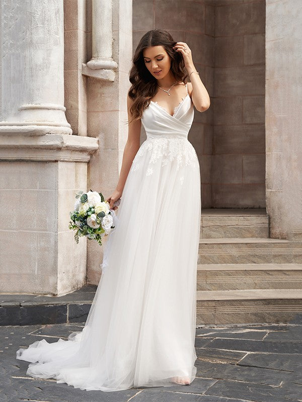 Wholesale A-Line/Princess V-neck Tulle Sleeveless Applique Sweep/Brush Train Wedding Dresses