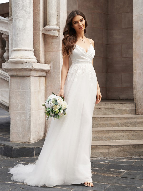 Wholesale A-Line/Princess V-neck Tulle Sleeveless Applique Sweep/Brush Train Wedding Dresses
