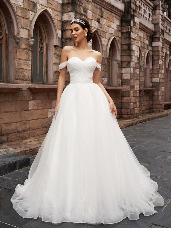 Wholesale A-Line/Princess Off-the-Shoulder Tulle Sleeveless Ruched Court Train Wedding Dresses