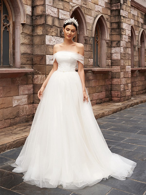 Wholesale A-Line/Princess Tulle Sleeveless Off-the-Shoulder Ruched Sweep/Brush Train Wedding Dresses