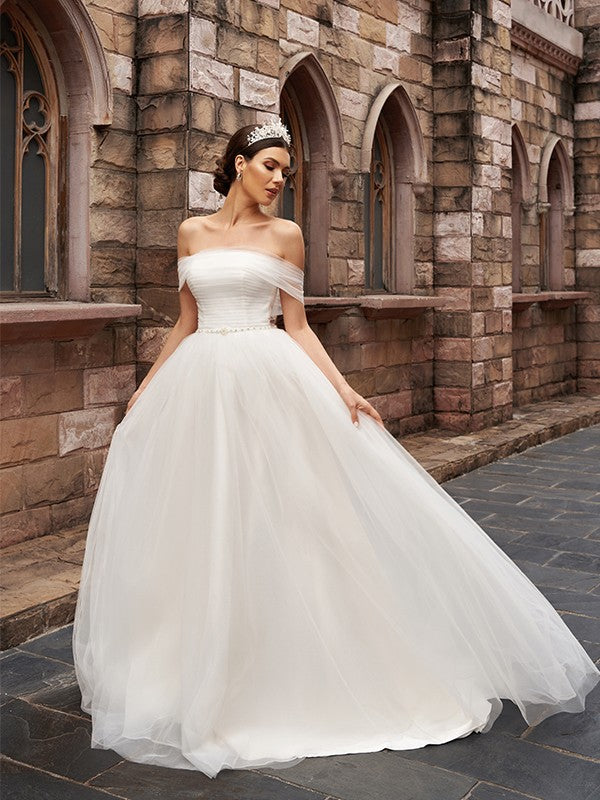 Wholesale A-Line/Princess Tulle Sleeveless Off-the-Shoulder Ruched Sweep/Brush Train Wedding Dresses