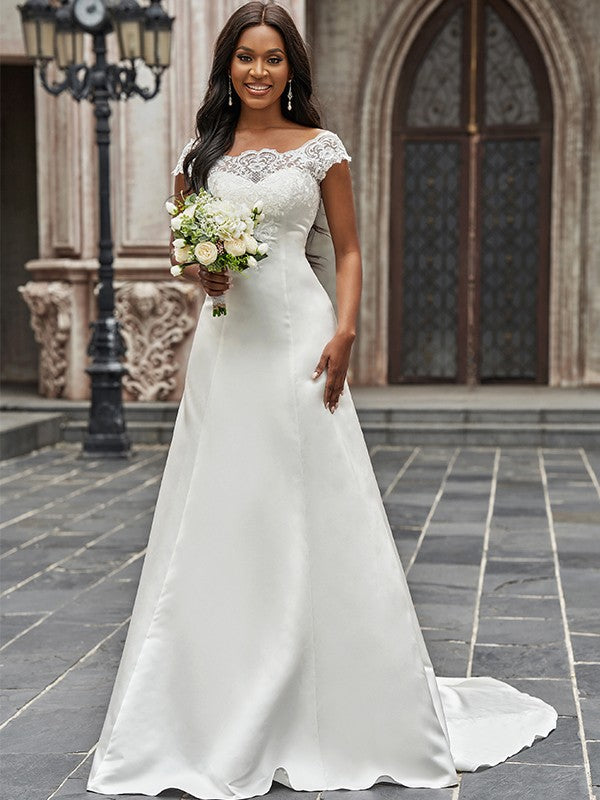 Wholesale A-Line/Princess Scoop Satin Lace Sleeveless Chapel Train Wedding Dresses