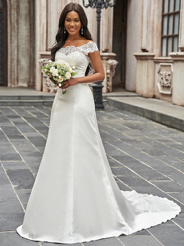 Wholesale A-Line/Princess Scoop Satin Lace Sleeveless Chapel Train Wedding Dresses