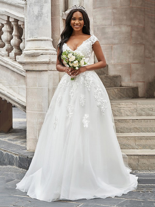 Wholesale A-Line/Princess Tulle V-neck Applique Sleeveless Sweep/Brush Train Wedding Dresses