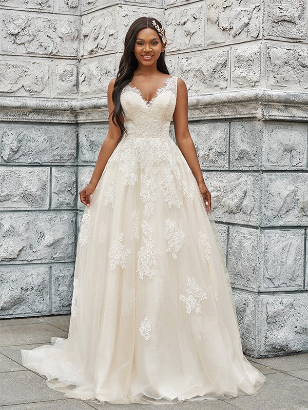 Wholesale A-Line/Princess Tulle Applique V-neck Sleeveless Sweep/Brush Train Wedding Dresses