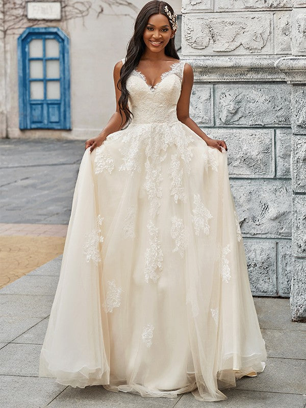 Wholesale A-Line/Princess Tulle Applique V-neck Sleeveless Sweep/Brush Train Wedding Dresses