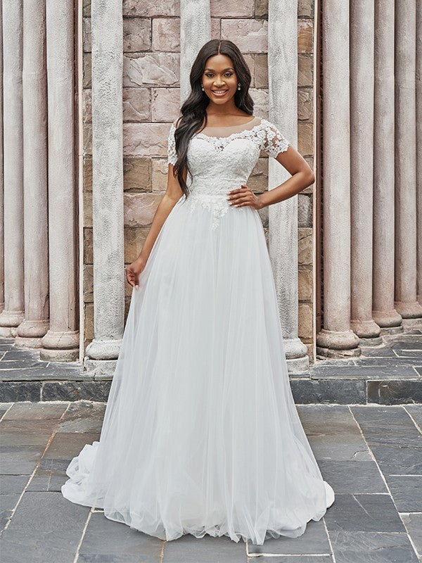 Wholesale A-Line/Princess Scoop Tulle Applique Short Sleeves Sweep/Brush Train Wedding Dresses