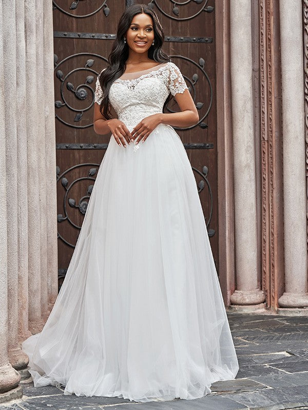 Wholesale A-Line/Princess Scoop Tulle Applique Short Sleeves Sweep/Brush Train Wedding Dresses