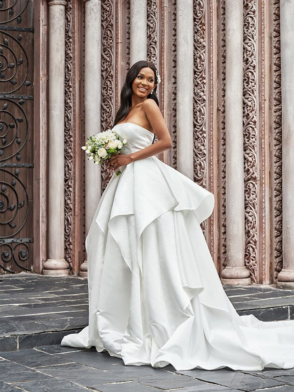 Wholesale Ball Gown Satin Ruffles Strapless Sleeveless Court Train Wedding Dresses