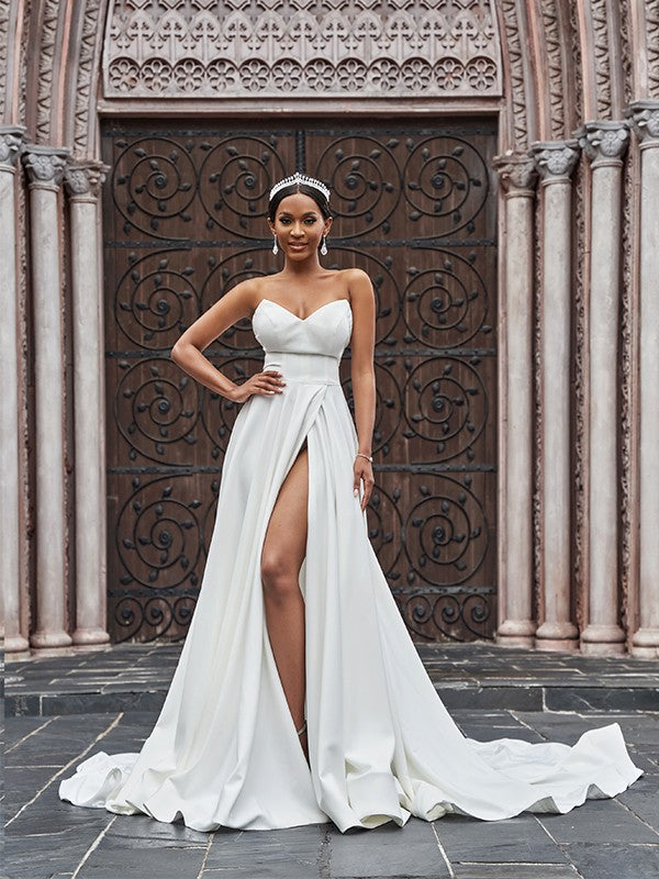 Wholesale A-Line/Princess Stretch Crepe Ruffles Sleeveless Sweetheart Court Train Wedding Dresses