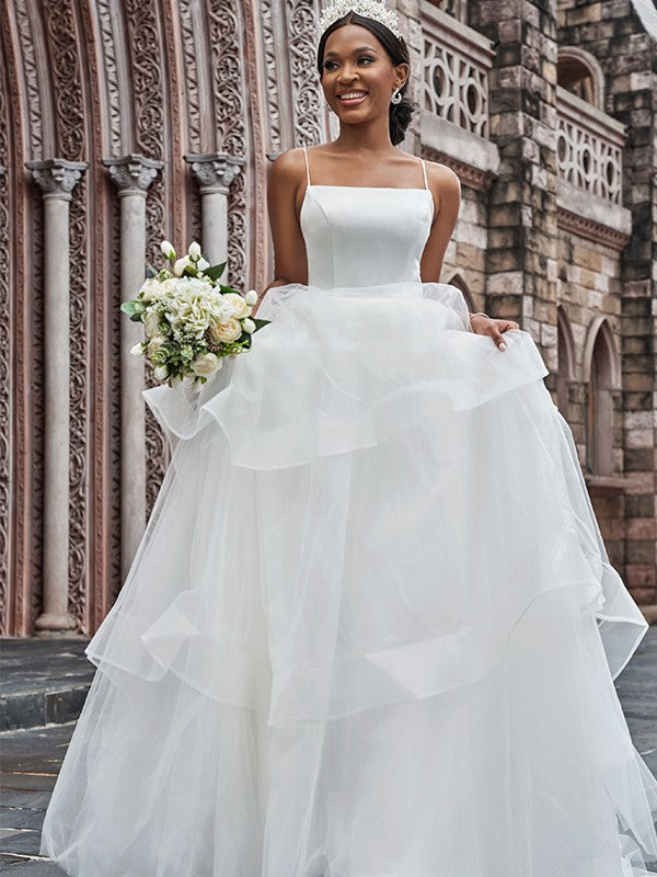 Wholesale A-Line/Princess Tulle Spaghetti Straps Sleeveless Ruffles Sweep/Brush Train Wedding Dresses