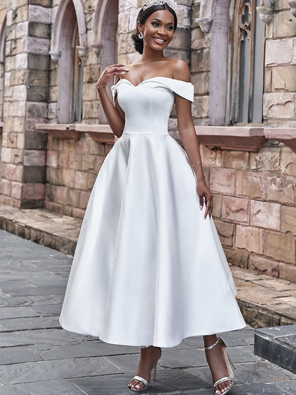 Wholesale A-Line/Princess Satin Ruffles Off-the-Shoulder Sleeveless Ankle-Length Wedding Dresses