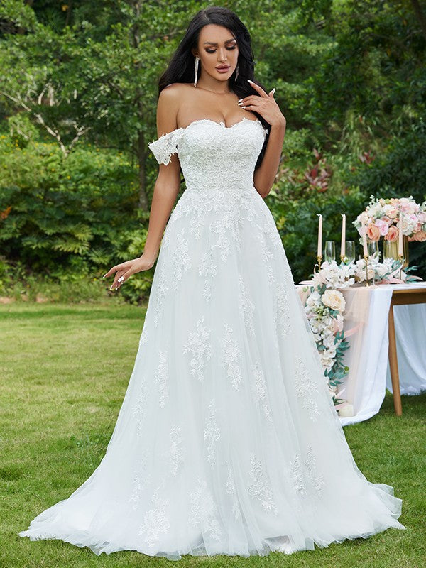 Wholesale A-Line/Princess Lace Applique Off-the-Shoulder Sleeveless Sweep/Brush Train Wedding Dresses