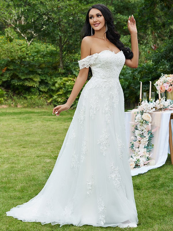 Wholesale A-Line/Princess Lace Applique Off-the-Shoulder Sleeveless Sweep/Brush Train Wedding Dresses