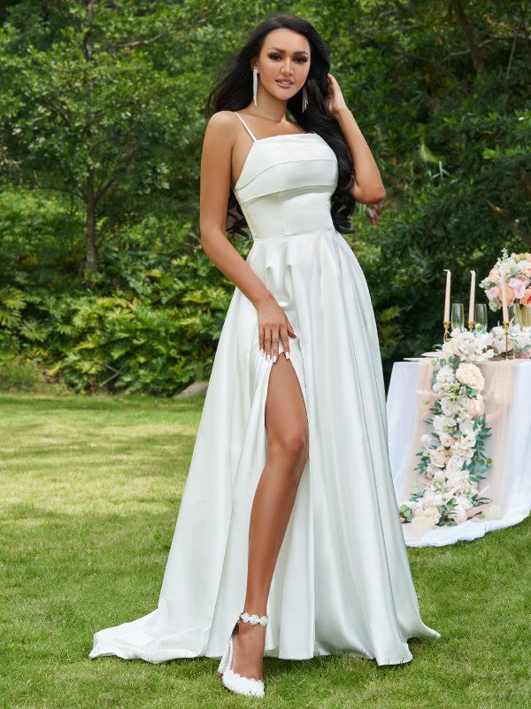 Wholesale A-Line/Princess Satin Ruffles Spaghetti Straps Sleeveless Sweep/Brush Train Wedding Dresses