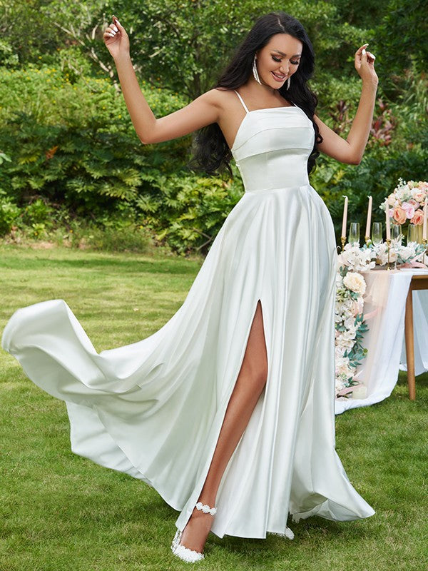 Wholesale A-Line/Princess Satin Ruffles Spaghetti Straps Sleeveless Sweep/Brush Train Wedding Dresses