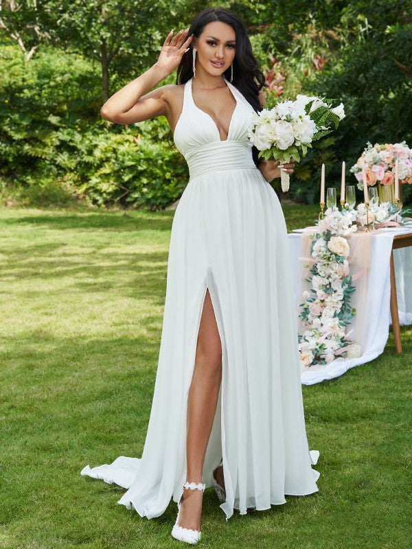 Wholesale A-Line/Princess Chiffon Ruffles Halter Sleeveless Sweep/Brush Train Wedding Dresses