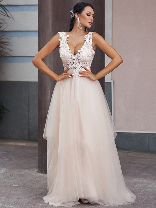 Wholesale A-Line/Princess Tulle Applique V-neck Sleeveless Sweep/Brush Train Wedding Dresses