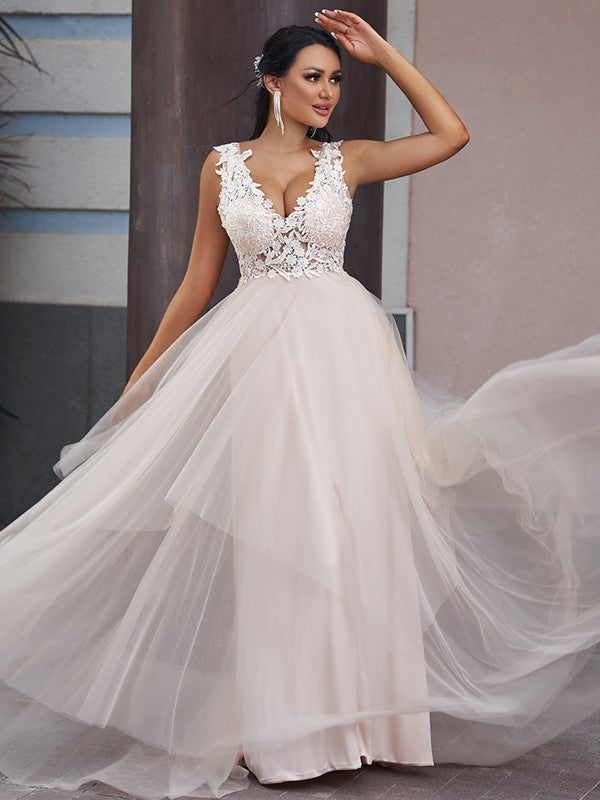 Wholesale A-Line/Princess Tulle Applique V-neck Sleeveless Sweep/Brush Train Wedding Dresses