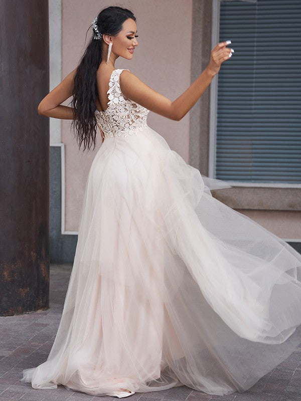 Wholesale A-Line/Princess Tulle Applique V-neck Sleeveless Sweep/Brush Train Wedding Dresses