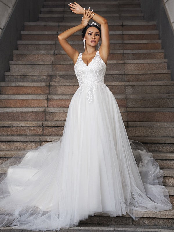 Wholesale A-Line/Princess Tulle Applique V-neck Sleeveless Chapel Train Wedding Dresses