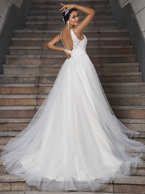 Wholesale A-Line/Princess Tulle Applique V-neck Sleeveless Chapel Train Wedding Dresses