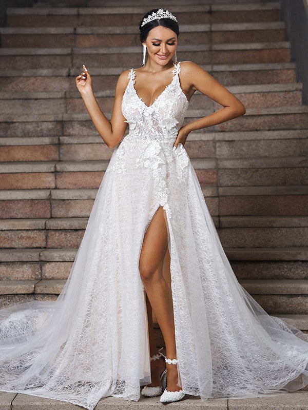 Wholesale A-Line/Princess Lace Applique V-neck Sleeveless Sweep/Brush Train Wedding Dresses