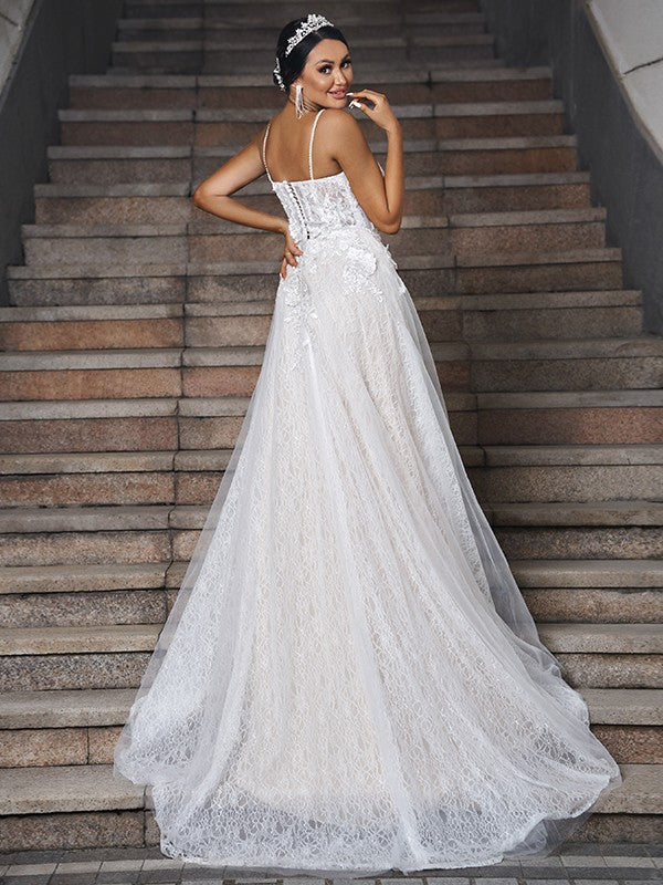 Wholesale A-Line/Princess Lace Applique V-neck Sleeveless Sweep/Brush Train Wedding Dresses