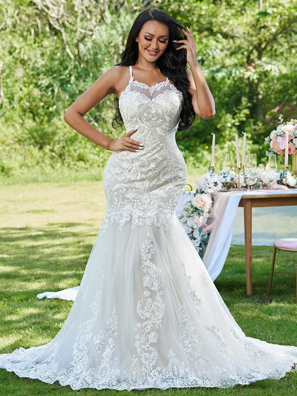 Wholesale Trumpet/Mermaid Lace Ruffles Spaghetti Straps Sleeveless Sweep/Brush Train Wedding Dresses
