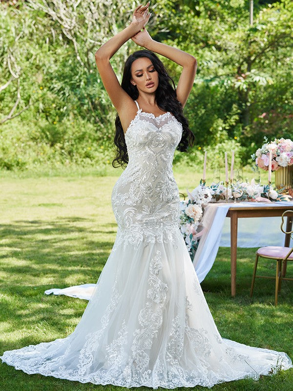 Wholesale Trumpet/Mermaid Lace Ruffles Spaghetti Straps Sleeveless Sweep/Brush Train Wedding Dresses