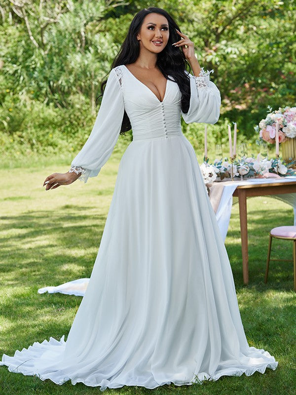 Wholesale A-Line/Princess Chiffon Ruffles V-neck Long Sleeves Sweep/Brush Train Wedding Dresses