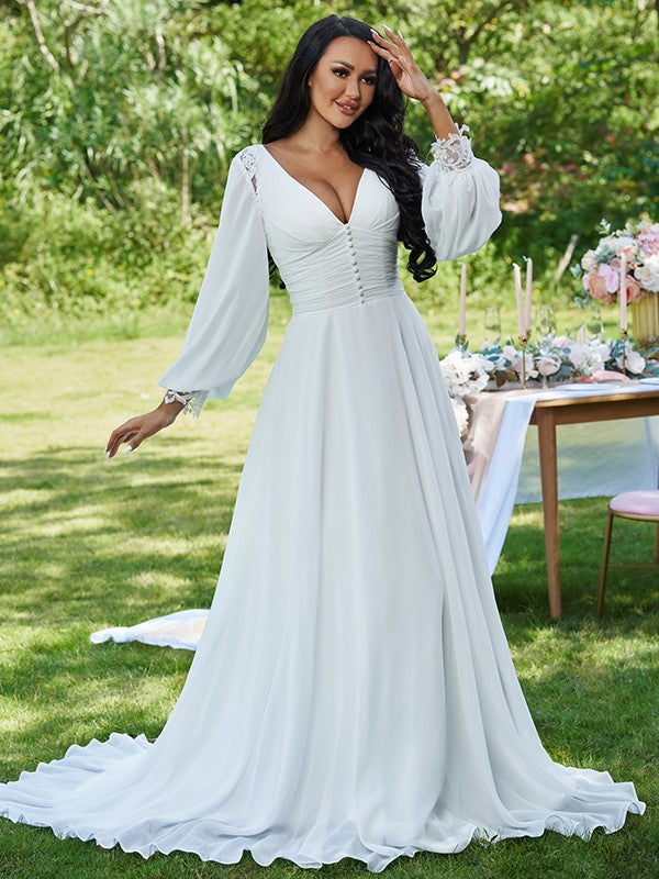 Wholesale A-Line/Princess Chiffon Ruffles V-neck Long Sleeves Sweep/Brush Train Wedding Dresses