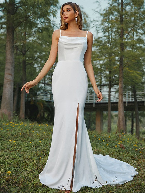 Wholesale Sheath/Column Ruched Spaghetti Straps Sleeveless Sweep/Brush Train Wedding Dresses