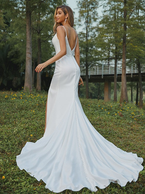 Wholesale Sheath/Column Ruched Spaghetti Straps Sleeveless Sweep/Brush Train Wedding Dresses