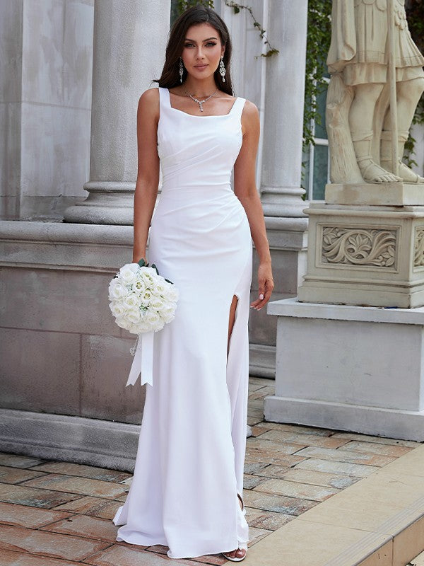 Wholesale Sheath/Column Stretch Crepe Ruched Straps Sleeveless Sweep/Brush Train Wedding Dresses