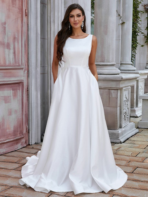 Wholesale A-Line/Princess Satin Ruffles Scoop Sleeveless Sweep/Brush Train Wedding Dresses