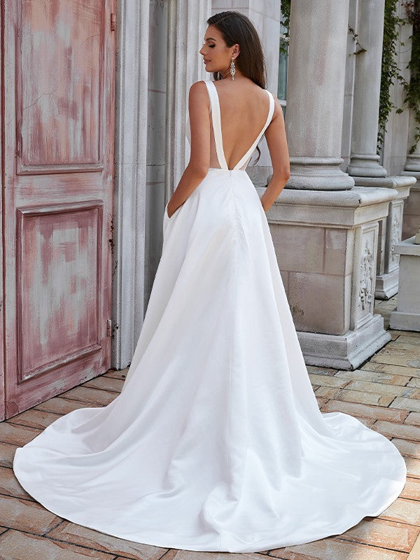 Wholesale A-Line/Princess Satin Ruffles Scoop Sleeveless Sweep/Brush Train Wedding Dresses