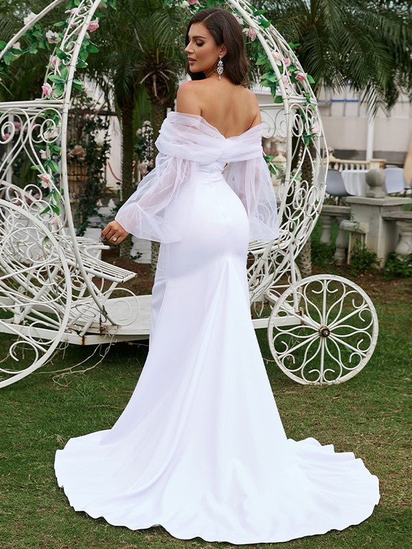 Wholesale Sheath/Column Stretch Crepe Ruched Off-the-Shoulder Long Sleeves Sweep/Brush Train Wedding Dresses