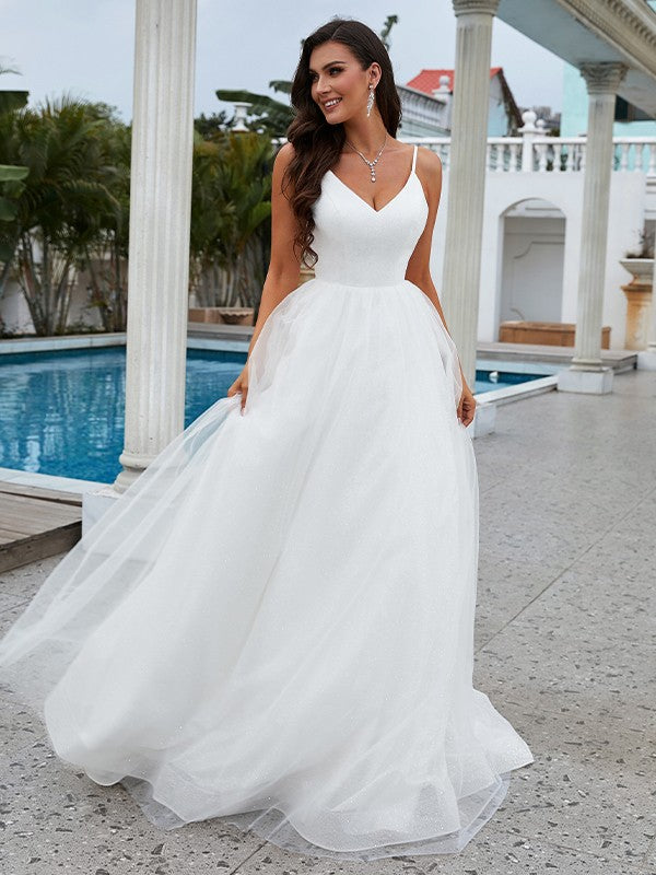 Wholesale A-Line/Princess Ruffles V-neck Sleeveless Sweep/Brush Train Wedding Dresses