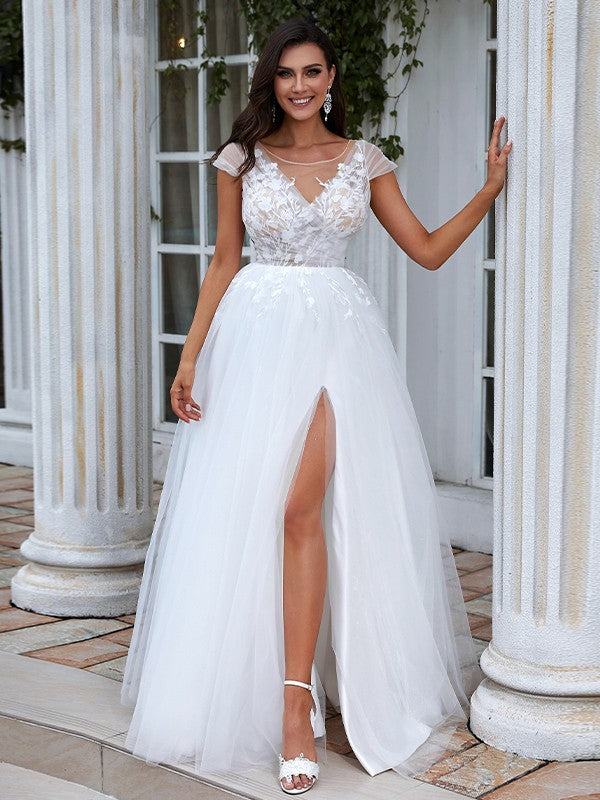 Wholesale A-Line/Princess Lace Applique Scoop Short Sleeves Sweep/Brush Train Wedding Dresses