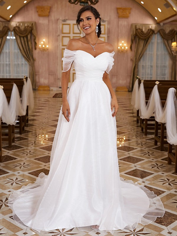 Wholesale A-Line/Princess Organza Ruched Off-the-Shoulder Sleeveless Sweep/Brush Train Wedding Dresses