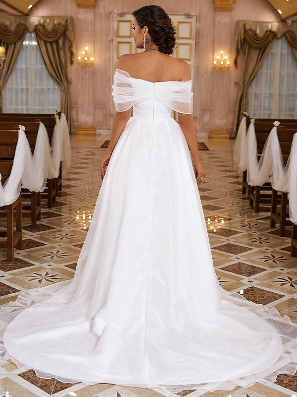 Wholesale A-Line/Princess Organza Ruched Off-the-Shoulder Sleeveless Sweep/Brush Train Wedding Dresses