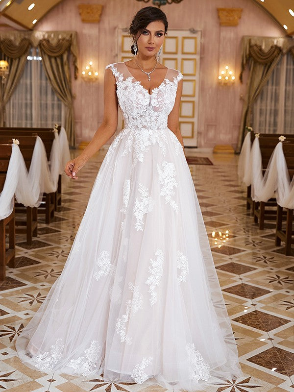 Wholesale A-Line/Princess Lace Applique V-neck Sleeveless Sweep/Brush Train Wedding Dresses