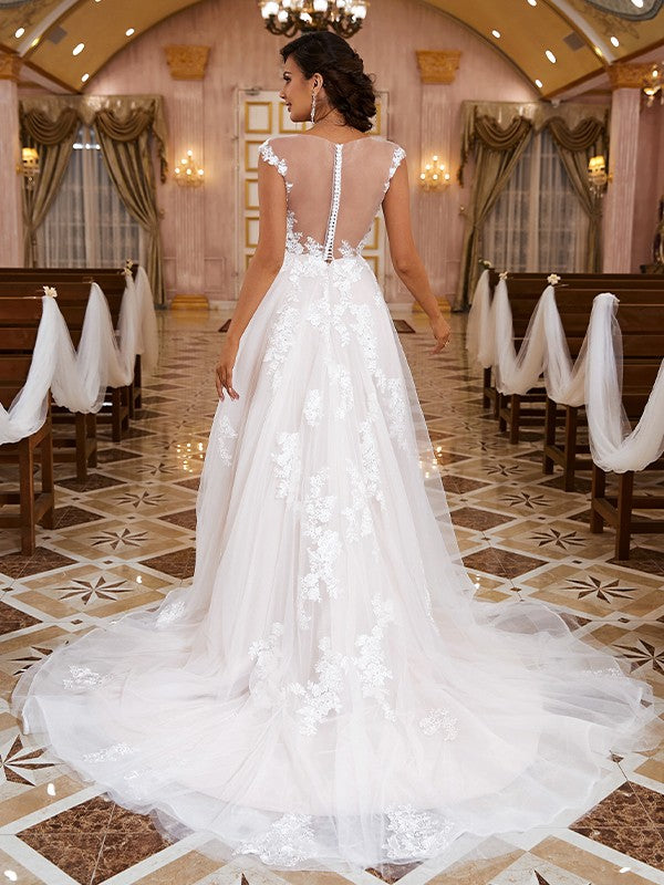 Wholesale A-Line/Princess Lace Applique V-neck Sleeveless Sweep/Brush Train Wedding Dresses