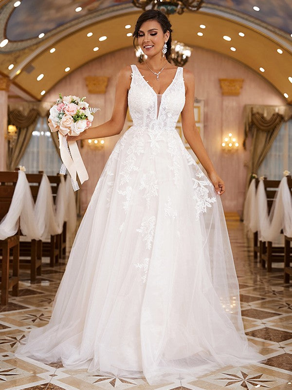 Wholesale A-Line/Princess Lace Applique V-neck Sleeveless Sweep/Brush Train Wedding Dresses