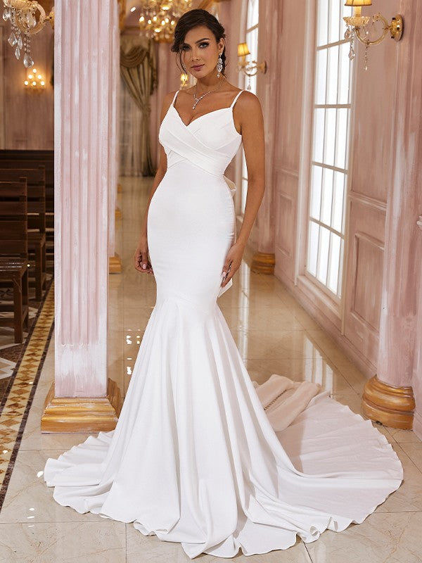 Wholesale Trumpet/Mermaid Stretch Crepe Ruffles V-neck Sleeveless Sweep/Brush Train Wedding Dresses