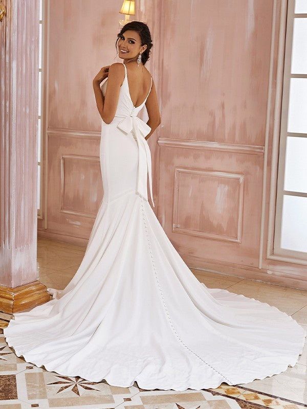 Wholesale Trumpet/Mermaid Stretch Crepe Ruffles V-neck Sleeveless Sweep/Brush Train Wedding Dresses