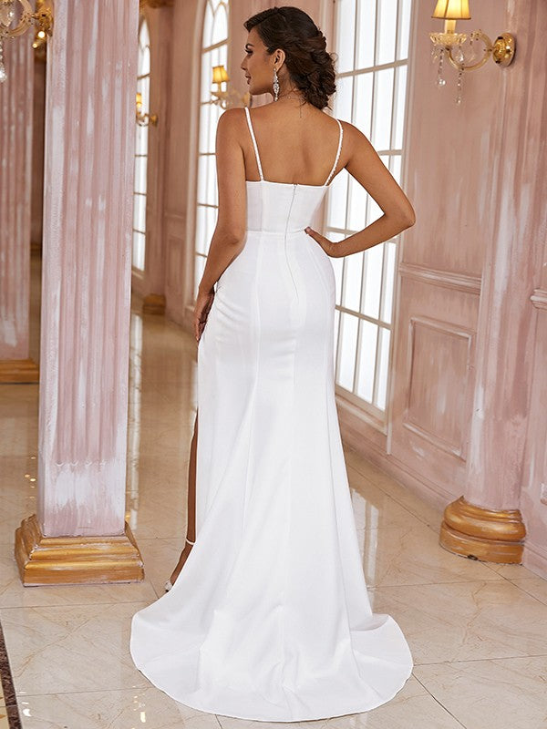 Wholesale Sheath/Column Stretch Crepe Ruched Spaghetti Straps Sleeveless Sweep/Brush Train Wedding Dresses